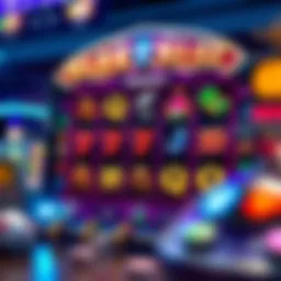 A vibrant online slot interface featuring various symbols and spinning reels